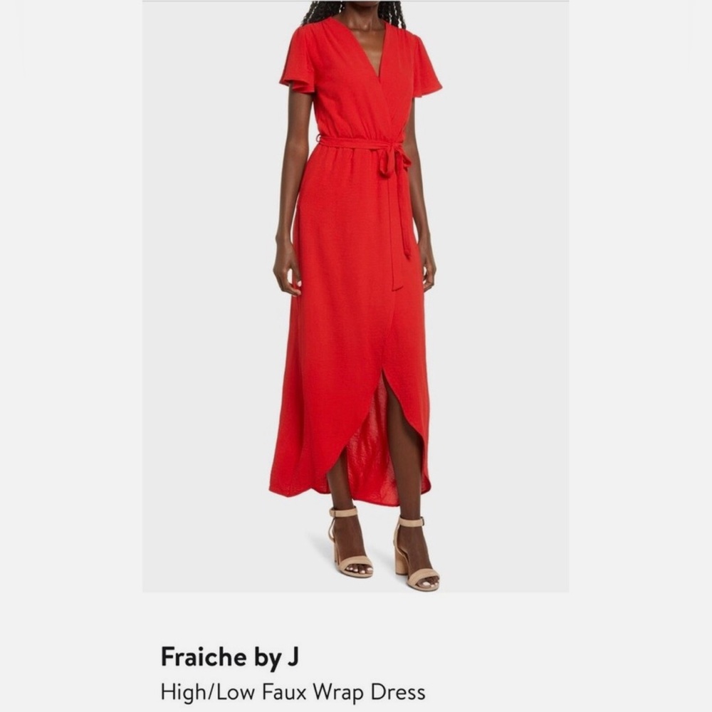 Red High/Low Faux Wrap Dress